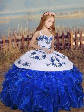 Unique Floor Length Royal Blue Girls Pageant Dresses Organza Sleeveless Embroidery and Ruffles