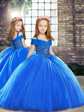 Sleeveless Brush Train Lace Up Little Girls Pageant Gowns in Royal Blue with Beading