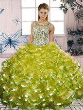 Sumptuous Scoop Sleeveless Lace Up Ball Gown Prom Dress Olive Green Organza