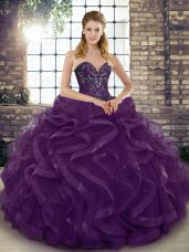 Flirting Ball Gowns Quinceanera Dresses Dark Purple Sweetheart Tulle Sleeveless Floor Length Lace Up