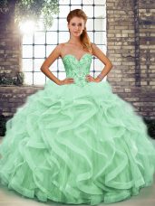 Floor Length Lace Up Quinceanera Dress Apple Green for Military Ball and Sweet 16 and Quinceanera with Beading and Ruffles