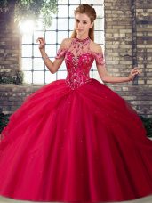 Eye-catching Halter Top Sleeveless Ball Gown Prom Dress Brush Train Beading and Pick Ups Coral Red Tulle
