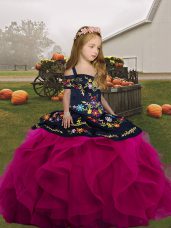 Excellent Straps Sleeveless Kids Formal Wear Floor Length Embroidery and Ruffles Fuchsia Tulle