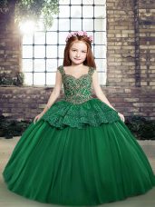 High Class Dark Green Straps Neckline Beading and Lace Little Girl Pageant Dress Sleeveless Lace Up