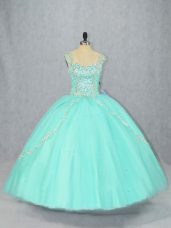 Amazing Apple Green Quince Ball Gowns Tulle Brush Train Cap Sleeves Beading