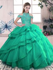 Turquoise Organza Lace Up 15th Birthday Dress Sleeveless Floor Length Beading and Ruffles