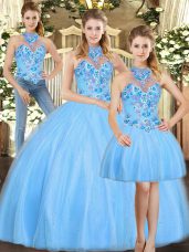 Fantastic Baby Blue Lace Up Quince Ball Gowns Embroidery Sleeveless Floor Length