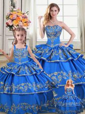 Extravagant Royal Blue Lace Up 15 Quinceanera Dress Embroidery and Ruffled Layers Sleeveless Floor Length
