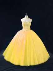 High Quality Gold Ball Gowns Tulle Sweetheart Sleeveless Beading Floor Length Lace Up Quince Ball Gowns