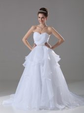 Hot Sale White Sleeveless Beading and Ruffles Lace Up Wedding Gown