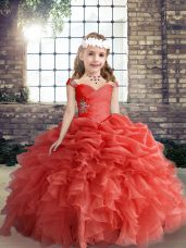 Perfect Beading and Ruffles and Pick Ups Kids Pageant Dress Coral Red Lace Up Sleeveless Floor Length