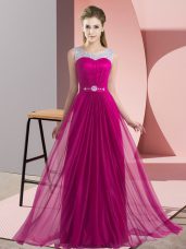 Fuchsia Scoop Neckline Beading Dama Dress for Quinceanera Sleeveless Lace Up
