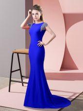 Designer Royal Blue Mermaid High-neck Short Sleeves Elastic Woven Satin Brush Train Backless Beading