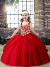 Red Ball Gowns Beading Little Girl Pageant Dress Lace Up Tulle Sleeveless Floor Length