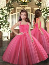 Sleeveless Floor Length Beading Lace Up Kids Pageant Dress with Hot Pink