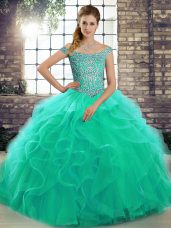 Free and Easy Off The Shoulder Sleeveless Tulle 15th Birthday Dress Beading and Ruffles Brush Train Lace Up