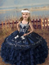 Hot Selling Floor Length Navy Blue Child Pageant Dress Straps Sleeveless Lace Up