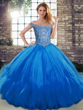 On Sale Blue Ball Gowns Beading and Ruffles 15 Quinceanera Dress Lace Up Tulle Sleeveless Floor Length