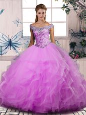Amazing Off The Shoulder Sleeveless Vestidos de Quinceanera Floor Length Beading and Ruffles Lilac Tulle