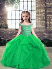 Green Lace Up Off The Shoulder Beading Child Pageant Dress Tulle Sleeveless