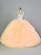 Peach Lace Up Halter Top Beading and Ruffles Sweet 16 Quinceanera Dress Organza Sleeveless