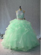 Sleeveless Floor Length Beading and Ruffles Backless Ball Gown Prom Dress with Apple Green and Pink And White