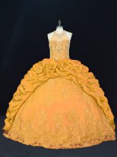 Floor Length Gold Sweet 16 Quinceanera Dress Taffeta Sleeveless Appliques