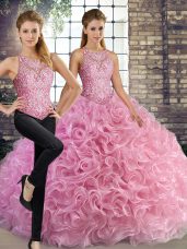 Captivating Rose Pink Sleeveless Floor Length Beading Lace Up Quinceanera Gown