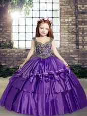 Perfect Lavender Lace Up Little Girls Pageant Dress Wholesale Beading Sleeveless Floor Length