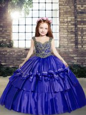 Pretty Sleeveless Beading Lace Up Kids Formal Wear with Blue