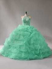 Organza Halter Top Sleeveless Court Train Lace Up Beading and Pick Ups Sweet 16 Dress in Apple Green