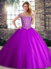 High Quality Purple Sleeveless Beading Lace Up 15th Birthday Dress