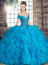 High Quality Sleeveless Tulle Floor Length Lace Up Sweet 16 Quinceanera Dress in Blue with Beading and Ruffles