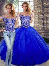 Popular Royal Blue Sleeveless Floor Length Beading and Ruffles Lace Up Quinceanera Gowns