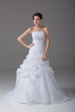 Strapless Sleeveless Organza Wedding Gowns Beading and Pick Ups Brush Train Lace Up