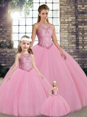 Luxurious Sleeveless Tulle Floor Length Lace Up Quinceanera Gown in Pink with Embroidery
