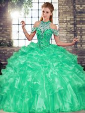 Ball Gowns Quince Ball Gowns Turquoise Halter Top Organza Sleeveless Floor Length Lace Up