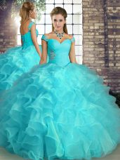 Dynamic Sleeveless Floor Length Beading and Ruffles Lace Up Quince Ball Gowns with Aqua Blue