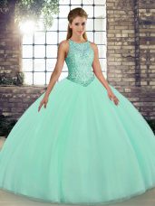 Admirable Apple Green Tulle Lace Up Scoop Sleeveless Floor Length 15th Birthday Dress Embroidery