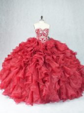 Organza Sweetheart Sleeveless Lace Up Beading and Ruffles Quinceanera Dresses in Burgundy