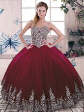 Custom Fit Floor Length Side Zipper Ball Gown Prom Dress Burgundy for Sweet 16 and Quinceanera with Beading and Embroidery