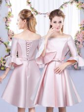 Clearance Baby Pink Satin Lace Up Off The Shoulder 3 4 Length Sleeve Mini Length Bridesmaid Dress Bowknot