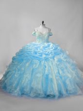 Beauteous Baby Blue Sleeveless Organza Brush Train Lace Up 15 Quinceanera Dress for Sweet 16 and Quinceanera
