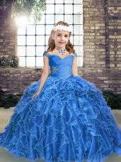 Beauteous Floor Length Blue Child Pageant Dress Straps Sleeveless Lace Up