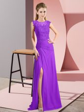 Floor Length Zipper Purple for Prom and Party with Beading and Lace