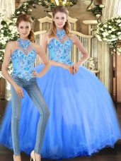 Dazzling Sleeveless Tulle Floor Length Lace Up Quinceanera Dresses in Blue with Embroidery