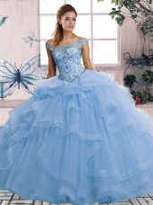 Suitable Blue Sleeveless Tulle Lace Up Sweet 16 Quinceanera Dress for Military Ball and Sweet 16 and Quinceanera