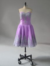 Deluxe Lavender A-line Sweetheart Sleeveless Tulle Mini Length Lace Up Appliques and Embroidery Evening Dress