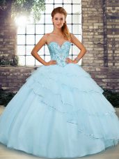 Sweetheart Sleeveless Tulle Ball Gown Prom Dress Beading and Ruffled Layers Brush Train Lace Up