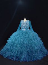 Ideal Ball Gowns Sweet 16 Quinceanera Dress Teal V-neck Organza Long Sleeves Floor Length Lace Up